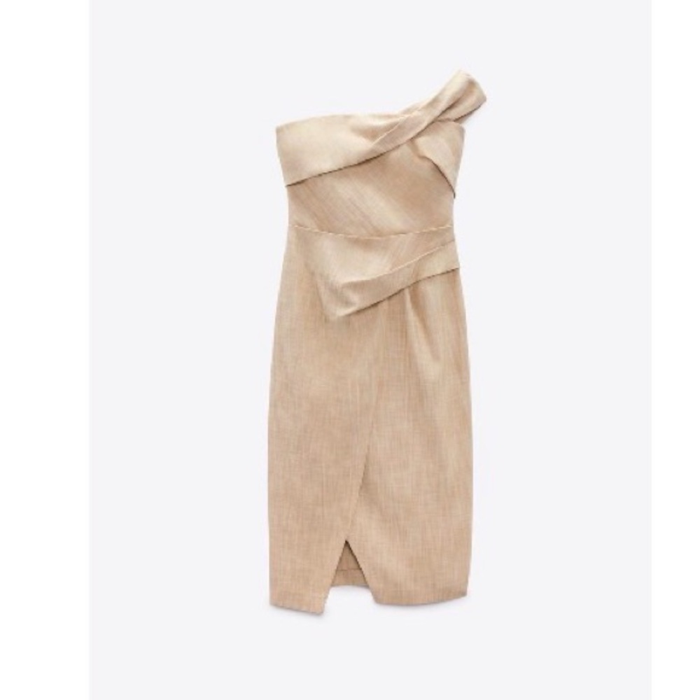 Strapless Beige Sheath Dress with Folded Detail